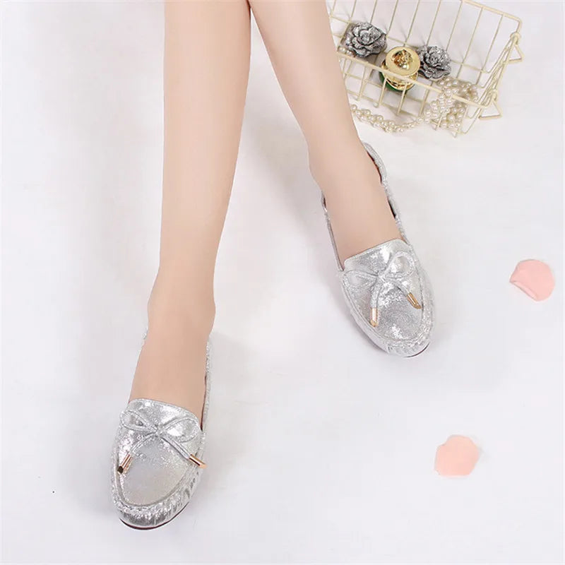 Goldene Slippers Damen | Bequeme Flats, Ballerinas mit Schleife & Glanz