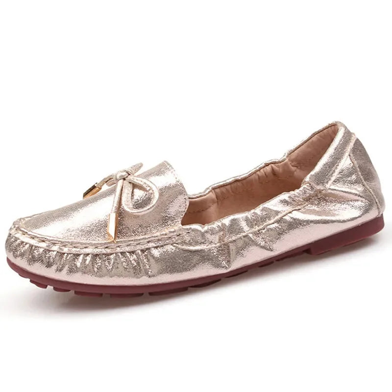 Goldene Slippers Damen | Bequeme Flats, Ballerinas mit Schleife & Glanz