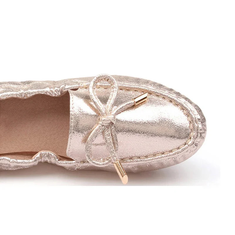 Goldene Slippers Damen | Bequeme Flats, Ballerinas mit Schleife & Glanz