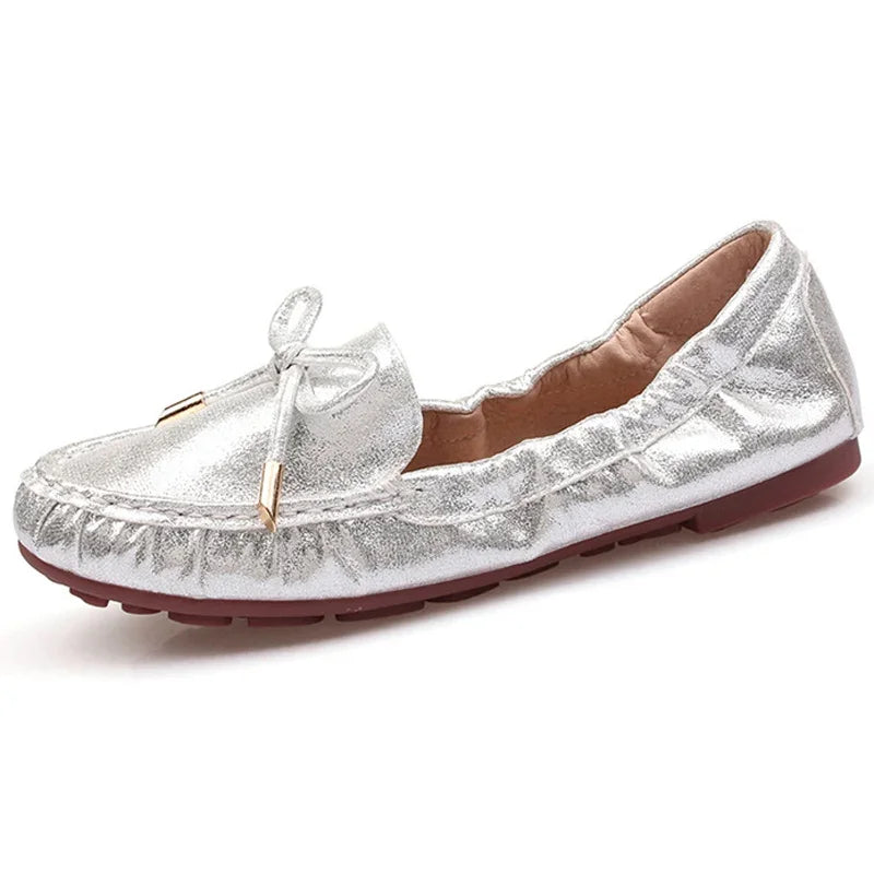Goldene Slippers Damen | Bequeme Flats, Ballerinas mit Schleife & Glanz