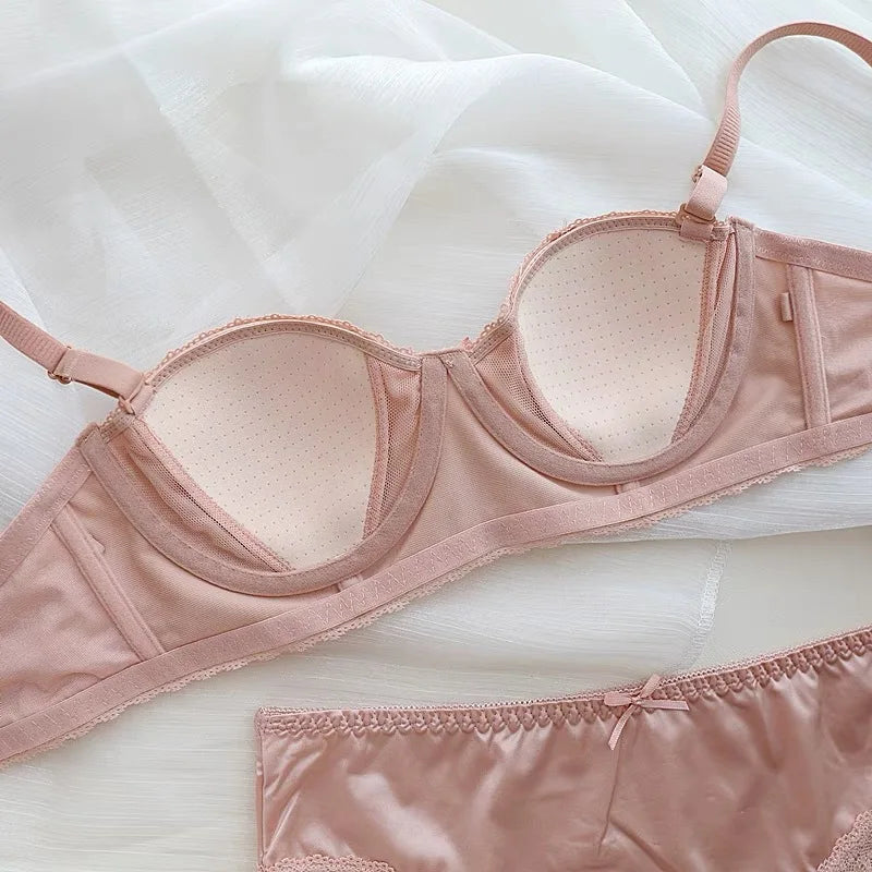 2025 New French girly underwire push-up bra Sweet lace edge half cup lingerie women's thin cup with anti-sagging bra set