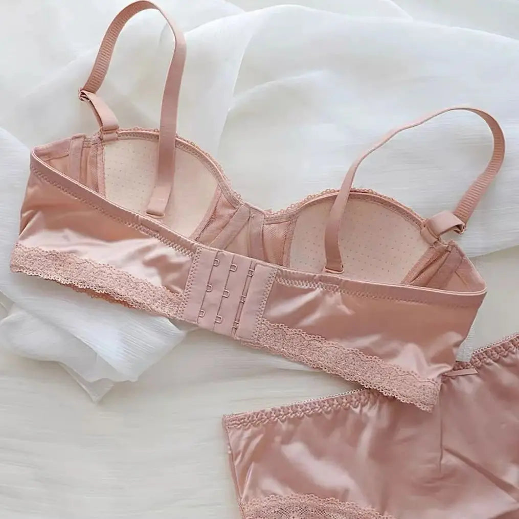 2025 New French girly underwire push-up bra Sweet lace edge half cup lingerie women's thin cup with anti-sagging bra set