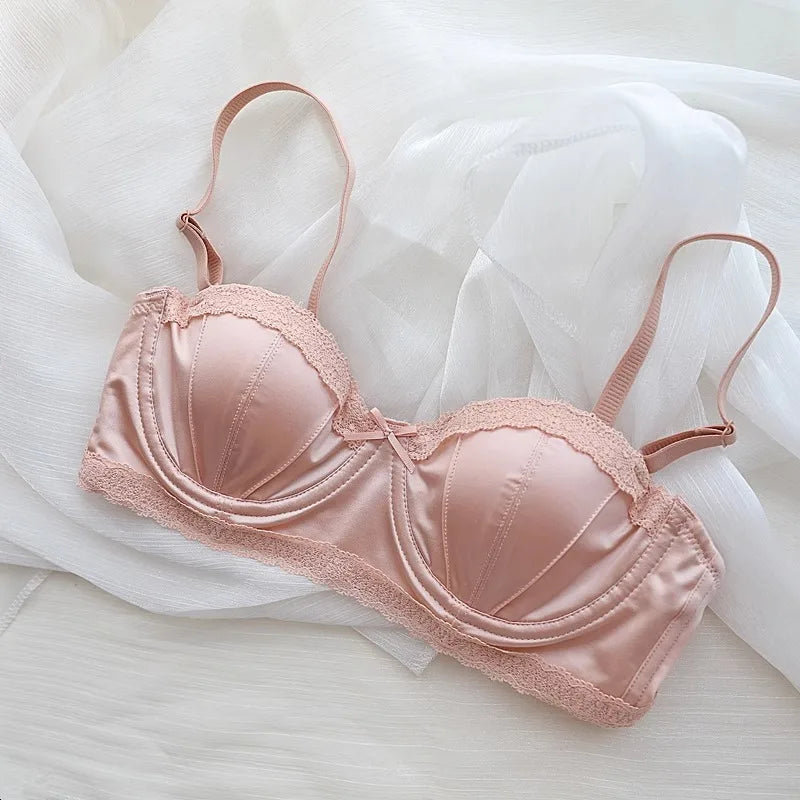 2025 New French girly underwire push-up bra Sweet lace edge half cup lingerie women's thin cup with anti-sagging bra set